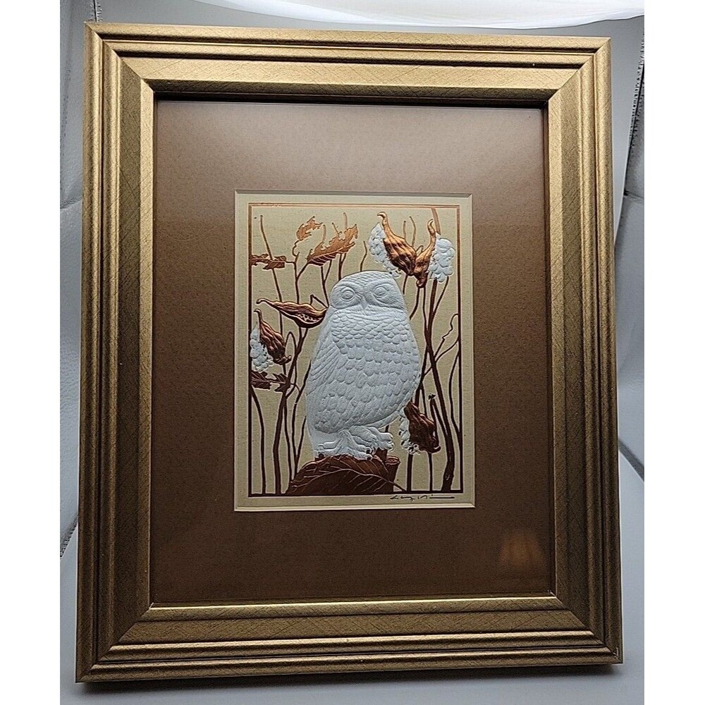 Owl Art Framed SIGNED Chong & Judi Lim~Raised Owl & Leaf Design~Carved Details